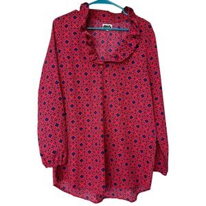 Mud‎ Pie Red Blue Geometric Print Ruffle Collar Tunic Shirt Top Women Medium
